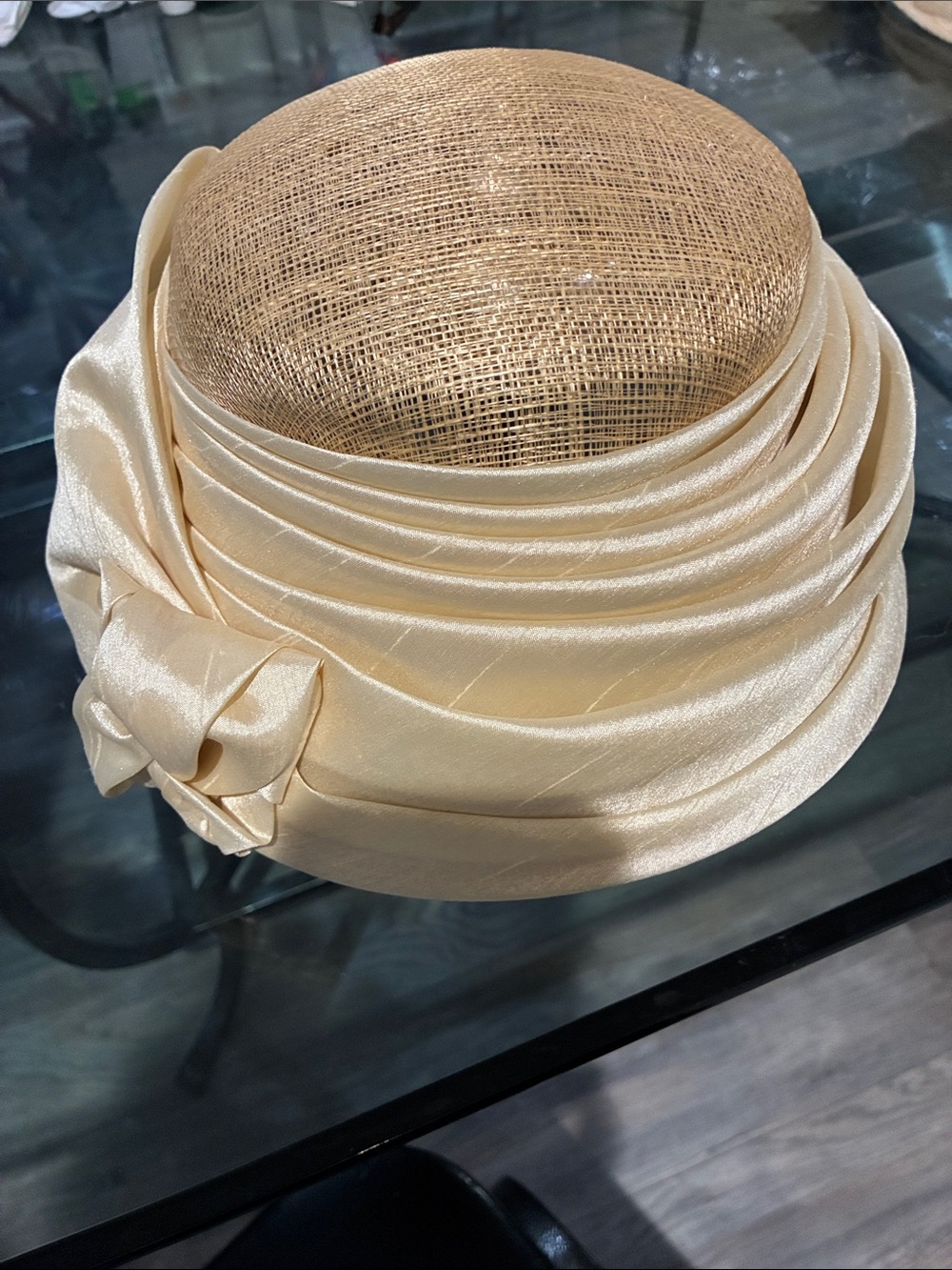Cream Satin Pillbox Hat with Bow Accent